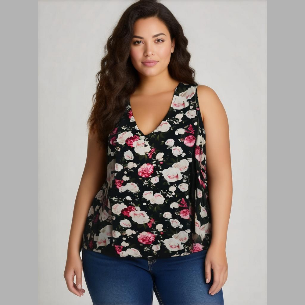 TORRID BLACK FLORAL GEORGETTE KNIT WOVEN BUTTON TANK TOP